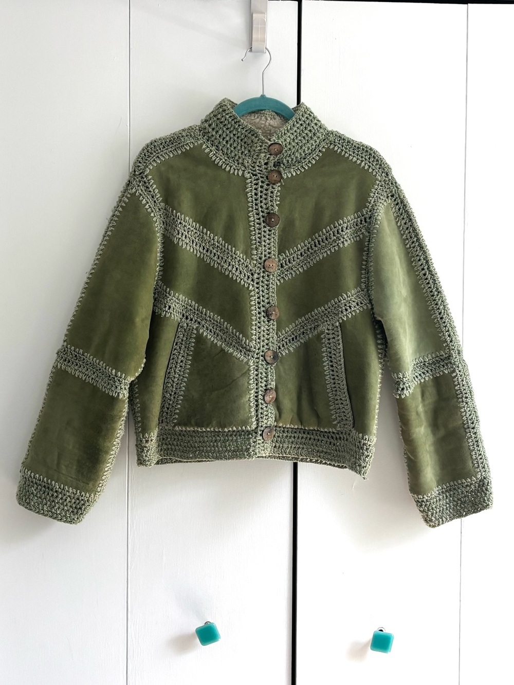 Free People Green Suede Adele Crochet Jacket Size Small - Picture 3 of 14